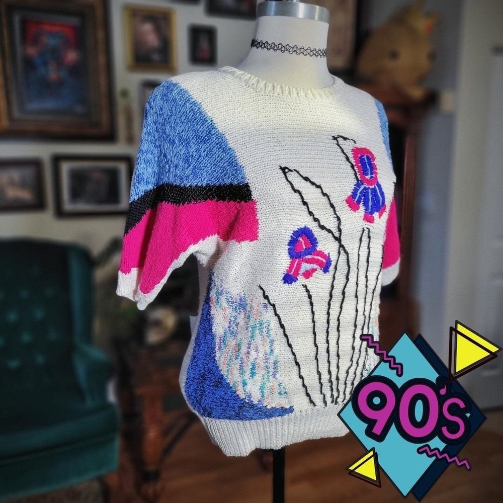 Carducci Knit Sweater Vintage 90s Abstract‎ Colorblock Short Sleeve Floral Retro